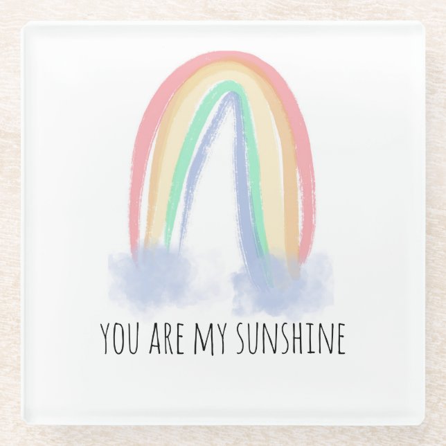 You are my sunshine watercolor painted rainbow  glass coaster (Front)
