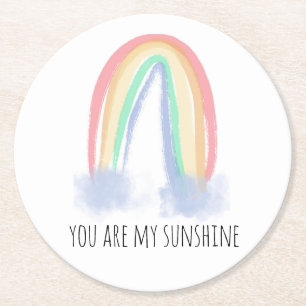 You are my sunshine watercolor painted rainbow  round paper coaster