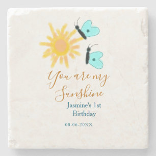 You are my sunshine yellow orange sun blue butterf stone coaster