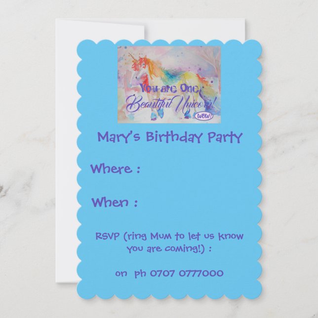 You Are One Beautiful Unicorn! Birthday Invitation (Front)