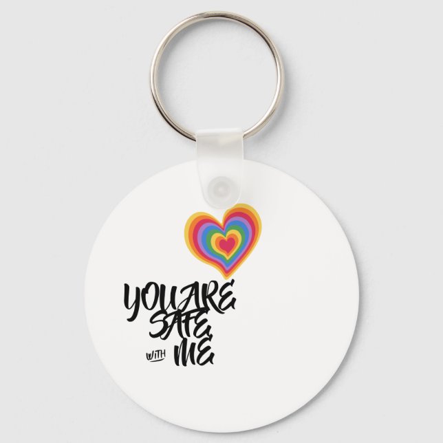 You Are Safe With Me LGBTQ Rainbow Pride Heart Key Ring (Front)