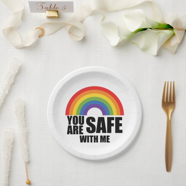 You Are Safe With Me LGBTQ Rainbow Pride  Paper Plate (Wedding)