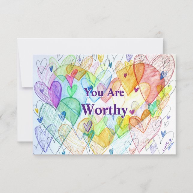 You Are Worthy Rainbow Hearts Art Note Card (Front)