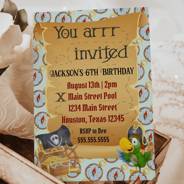 "You arr invited" Pirate Birthday Invitation (pirate birthday party invitation map, treasure chest, parrot children's birthday party)