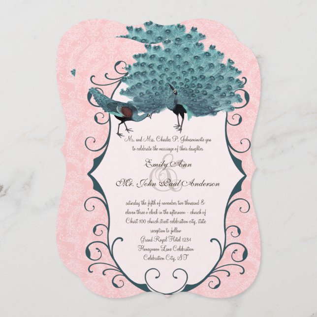 You Choose Background Colour -Damask Peacock Invitation (Front/Back)