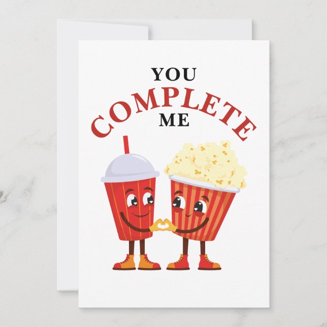 You complete me Popcorn Soda pun Happy Anniversary Holiday Card (Front)