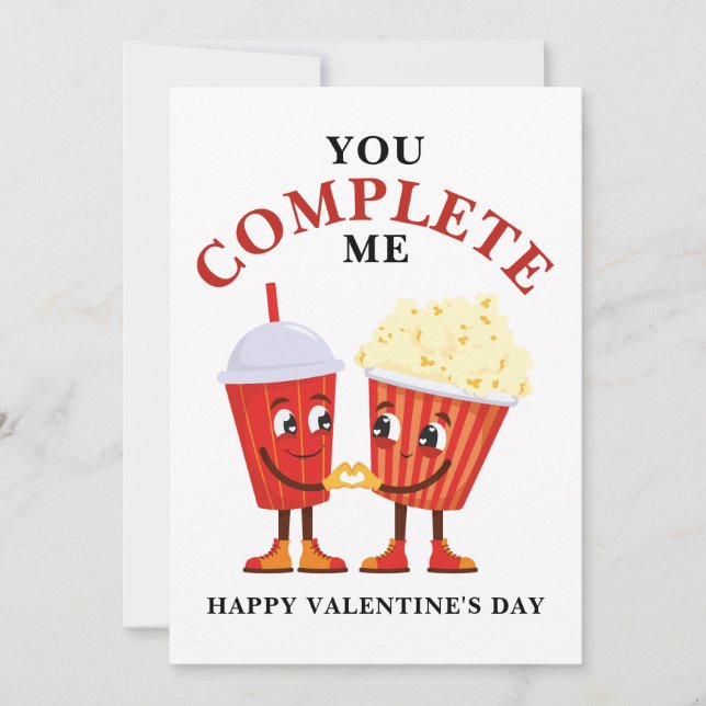 You complete me Popcorn Soda pun Valentines Holiday Card (Front)