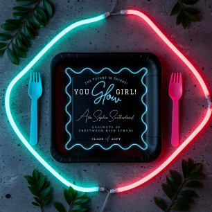 You Glow Girl Retro Wavy Blue Neon Graduation Paper Plate