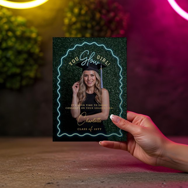 You Glow Girl Wavy Blue Neon Graduation Photo Foil Greeting Card (You Glow Girl Wavy Blue Neon Graduation Photo Foil Greeting Card)