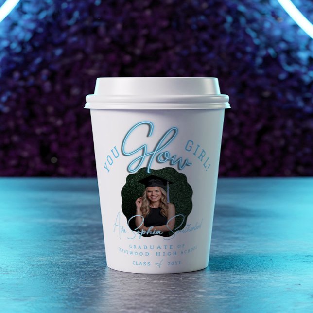 You Glow Girl Wavy Blue Neon Graduation Photo Paper Cups (You Glow Girl Wavy Blue Neon Graduation Photo Paper Cups)