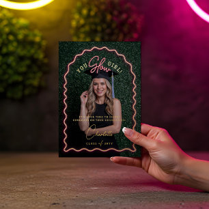 You Glow Girl Wavy Pink Neon Graduation Photo Foil Greeting Card