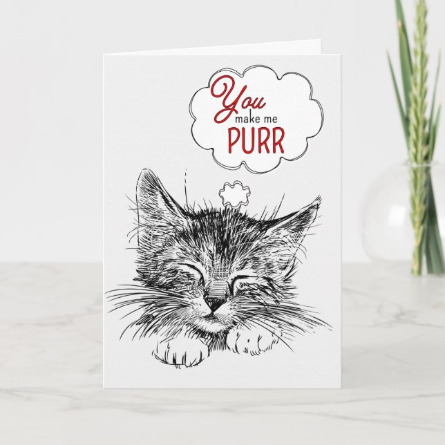 You Make Me Purr Valentine's Cat Sketch with Red Holiday Card (Front)