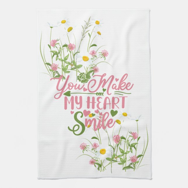 You Make My Heart Smile Quote Pink Dainty Floral Tea Towel (Vertical)
