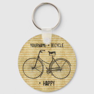 You Plus Bicycle Equals Happy Antique Bike Yellow Key Ring