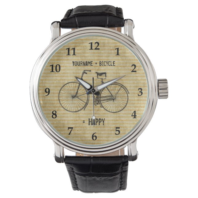 You Plus Bicycle Equals Happy Antique Bike Yellow Watch (Front)