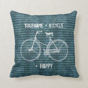 You Plus Bicycle Equals Happy Antique Blue Green Cushion