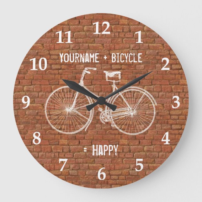 You Plus Bicycle Equals Happy Antique Red Bricks Large Clock (Front)
