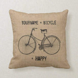 You Plus Bicycle Equals Happy Natural Burlap Sack Cushion