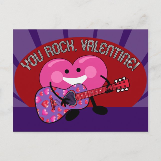 You Rock Valentine! | Cute Heart Playing Guitar Holiday Postcard (Front)