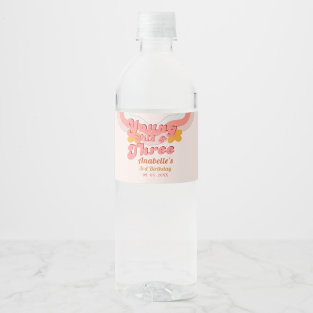 Yound Wild & three Daisy Flower Birthday Party  Water Bottle Label (Front)
