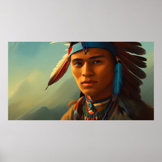 Young American Indian Man with feathers Vintage Poster (Front)
