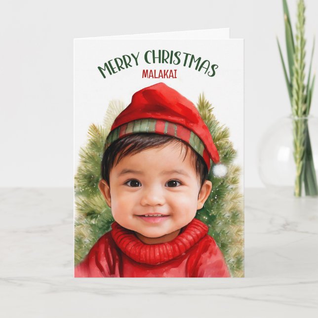Young Asian American Boy with Name Christmas Holiday Card (Front)