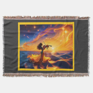 Young Asian Girl Playing Violin Surreal Scene Throw Blanket