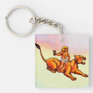 Young Bacchus riding a lioness and drinking wine Key Ring