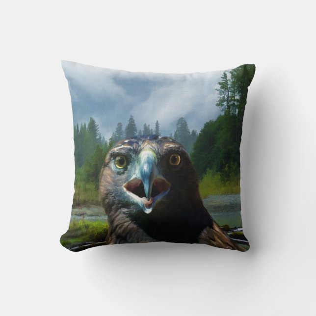 Young Bald Eagle and Misty Alaskan River Cushion (Front)