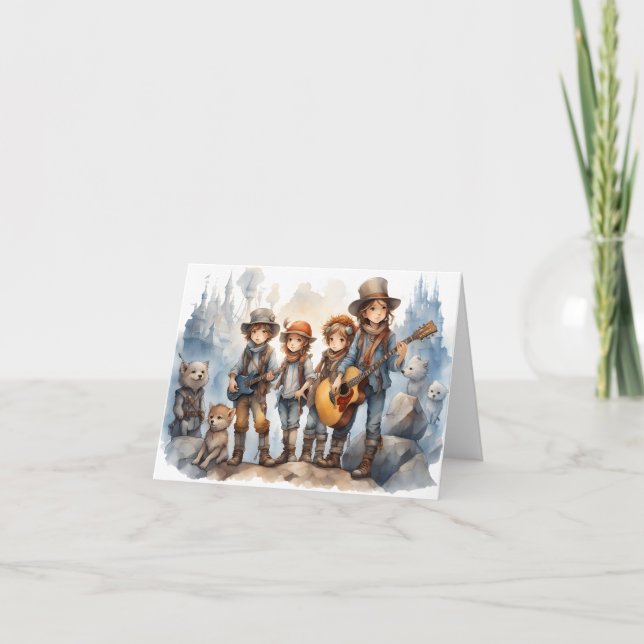 Young Band Playing Guitars Watercolor Paint Blank Card (Front)