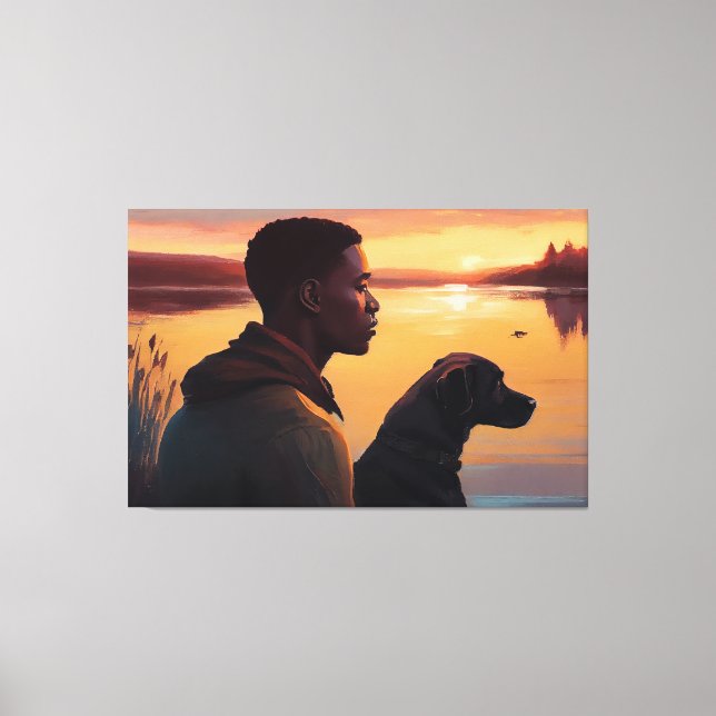 Young black man and his dog canvas print (Front)