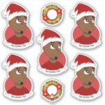 Young black man Christmas cartoon Sticker<br><div class="desc">Set of seven cut-vinyl stickers with an illustration of a happy smiling young African American man,  who is wearing a red Santa Claus hat,  on a red background; five stickers of the man and two stickers with a Christmas wreath; with a customisable text template for your name or message</div>