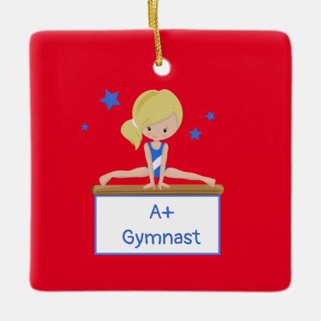 Young Blonde Gymnast Personalised Custom Text    Ceramic Tree Decoration (Front)