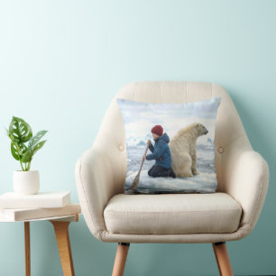 Young Boy on Ice Rescuing a Polar Bear Cushion