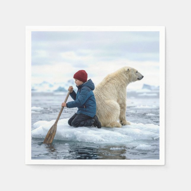 Young Boy on Ice Rescuing a Polar Bear Napkin (Front)