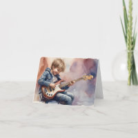 Young Boy Playing Bass Guitar Watercolor Blank 