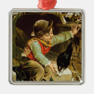 Young Boy with Birds in the Snow Metal Tree Decoration