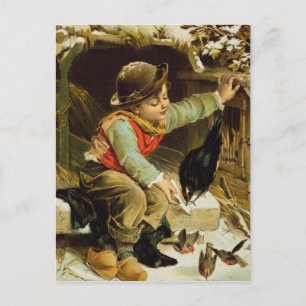 Young Boy with Birds in the Snow Postcard