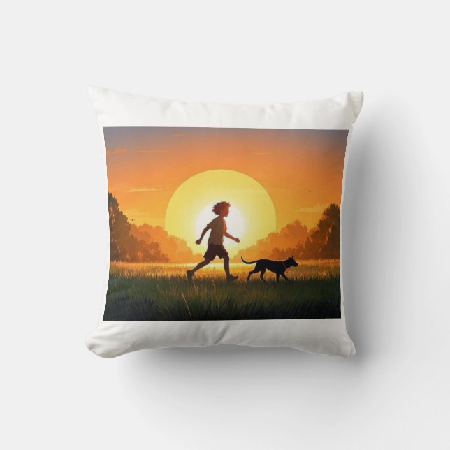 Young Boy with dog at sunset  Cushion (Front)