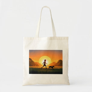 Young Boy with dog at sunset  Tote Bag