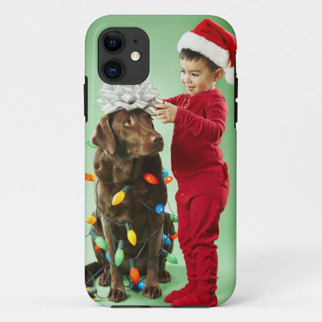 Young boy wrapping Christmas lights around a dog Case-Mate iPhone Case (Back)