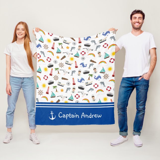 Young Boy's Captain Sailor Nautical Fleece Blanket (In Situ)