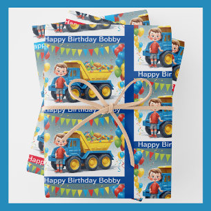 Young Boy's NAME Birthday Dump Truck Balloons Wrapping Paper Sheet