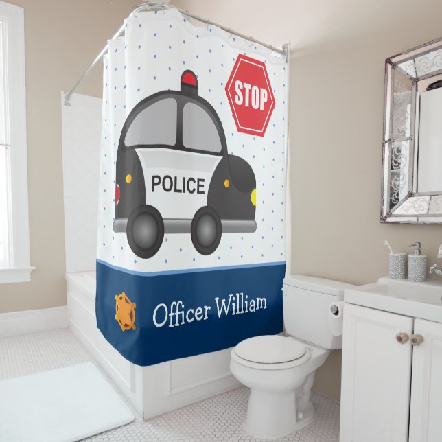 Young Boy's Police Officer Bathroom Bathtub Shower Curtain (In Situ)