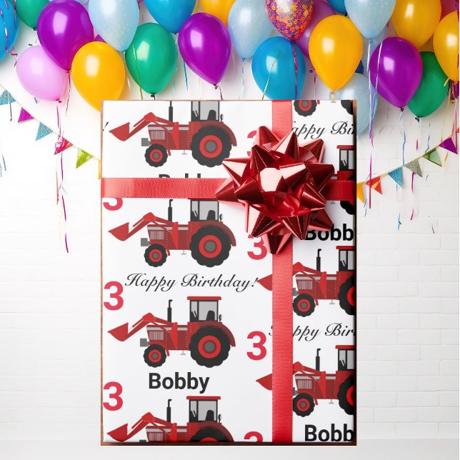 Young Boys Red Loader Tractor Name n Age Birthday Wrapping Paper (Creator Uploaded)