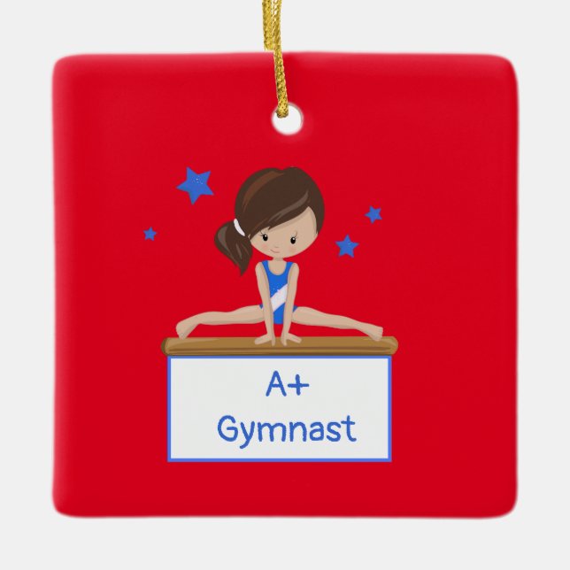 Young Brunette Gymnast Personalised Custom Text    Ceramic Ornament (Front)