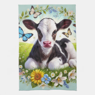 Young Calf with Floral Wreath and Butterflies Tea Towel