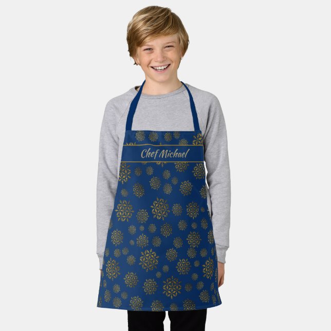 Young Chef's Personalised Snowflakes on Navy Blue Apron (Worn)