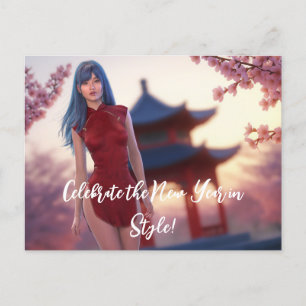 Young Cheongsam Beauty Posing for Chinese New Year Postcard