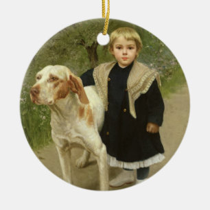 Young Child and a Big Dog (oil on canvas) Ceramic Tree Decoration